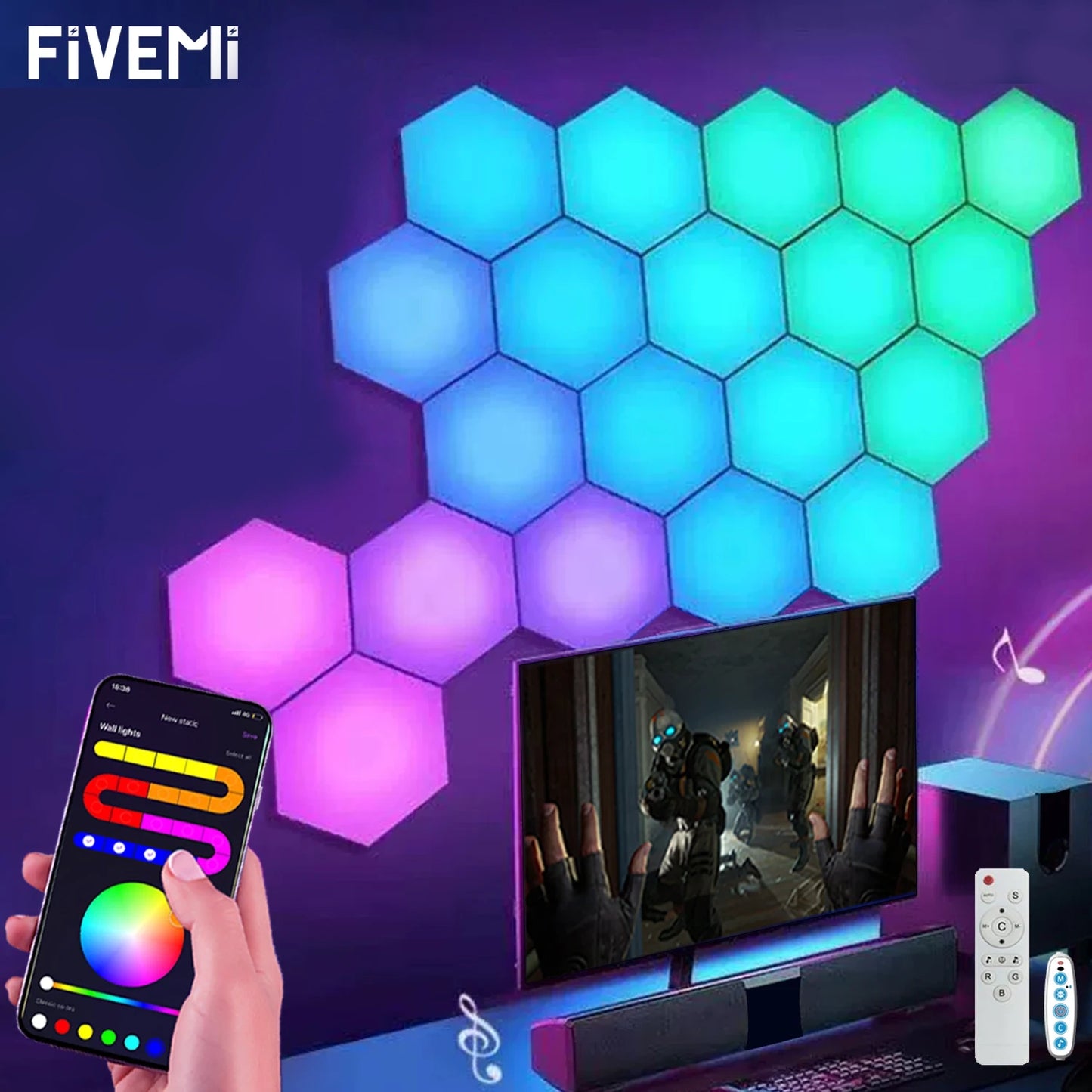 Fivemi RGB Hexagon Wall Lights Panels – Smart App + Remote, Music Sync, DIY Modular Decor