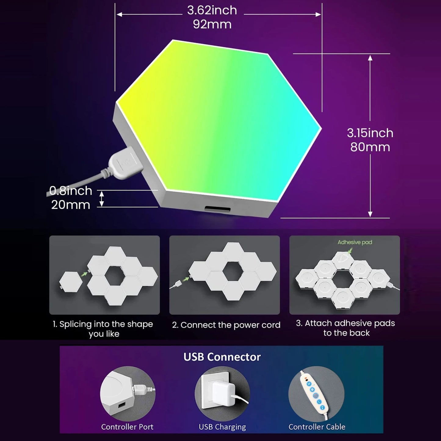 Fivemi RGB Hexagon Wall Lights Panels – Smart App + Remote, Music Sync, DIY Modular Decor